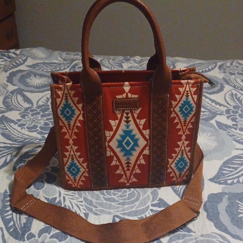 Aztec Patterned Brown and Blue Tote Bag Wan & Kelo Faux Leather Adjustable Strap